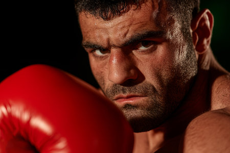 Intense Boxer with Red Glove in Focused Stance Against Dark Background.の素材