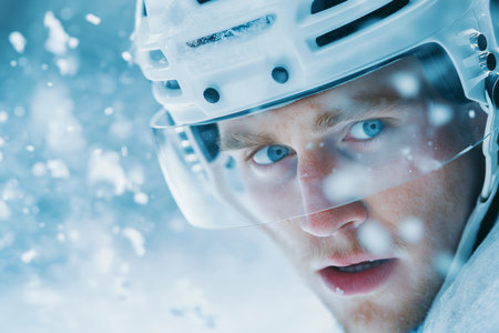 Focused Ice Hockey Player in Action with Snow Flurries.の素材