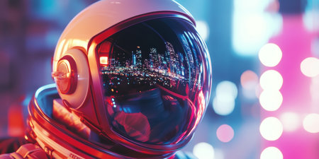 Futuristic Astronaut with Urban Skyline Reflection in Visor.の素材