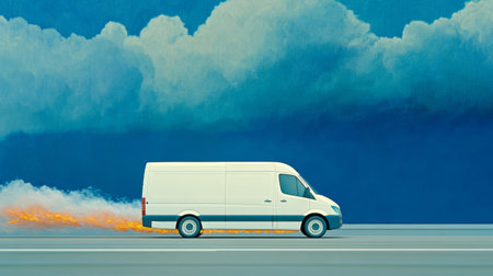 Futuristic White Van Speeding on Empty Road against a Dramatic Sky.の素材