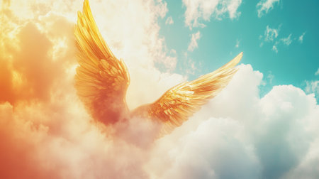 Golden Angel Wings Soaring Amidst Vibrant Clouds in a Celestial Sky.の素材