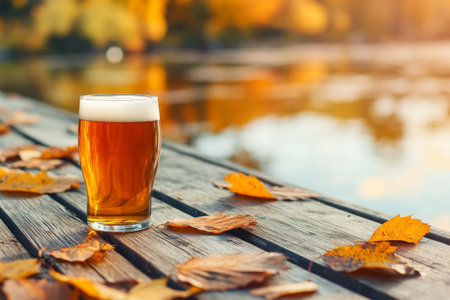 Autumn Beer Pint on Wooden Table with Fallen Leaves Near Lake.の素材