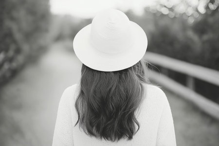 Serene Woman with Hat Embraces Nature in Tranquil Black and White.の素材