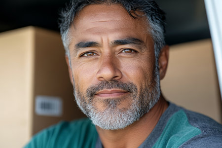 Mature Hispanic man with a thoughtful expression sitting near cardboard boxes.の素材