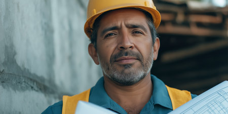 Confident Construction Worker with Plans at Building Site.の素材