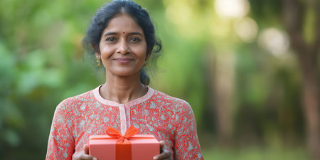 Smiling Asian woman with a gift box outdoors in a vibrant garden setting during daylight.の素材