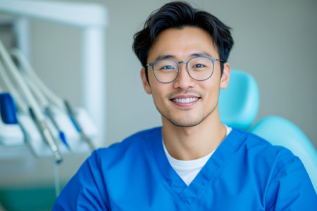 Smiling Healthcare Professional in Blue Scrubs at Dental Clinic.の素材