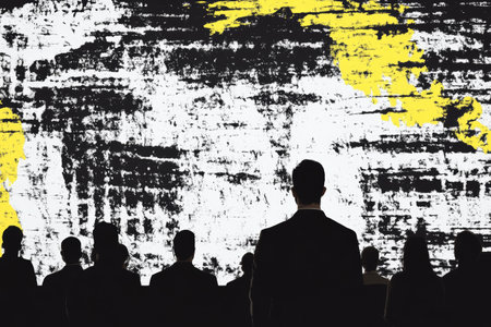 Silhouetted Audience Observing Abstract Art with Yellow Accents.の素材