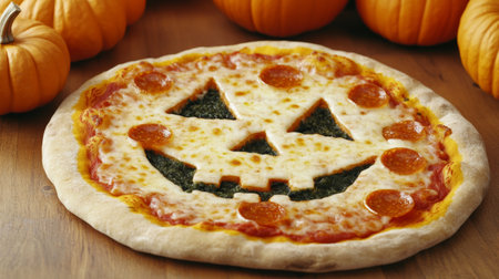 Halloween Themed Pizza with Jack O' Lantern Design Amidst Pumpkins.の素材