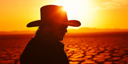 Silhouette of a Cowboy at Sunset in a Desert Landscape.の素材