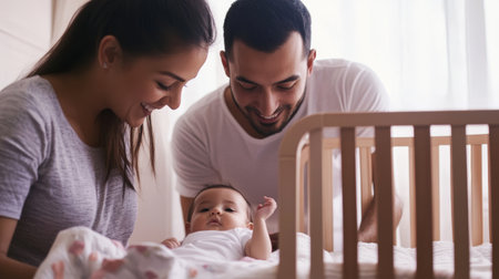 Happy Parents Smiling at Baby in Crib with Soft Natural Lighting.の素材