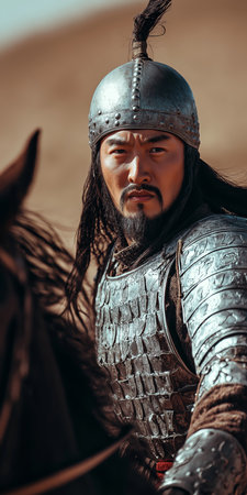 Medieval Warrior on Horseback in Desert Landscape.の素材