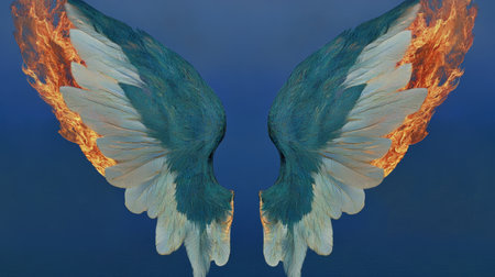 Fiery Angel Wings on Blue Background Symbol of Power and Transformation.の素材
