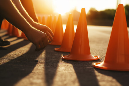 Close up of Hands Arranging Orange Traffic Cones on Sunlit Pavement at Dusk.の素材