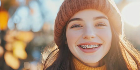 Joyful Teen with Braces Smiling in Warm Autumn Sunshine.の素材