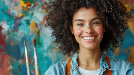 Smiling Artist with Colorful Background and Paintbrushes Celebrating Creativity and Expression.の素材