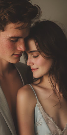 Young caucasian couple embracing tenderly in soft light.の素材