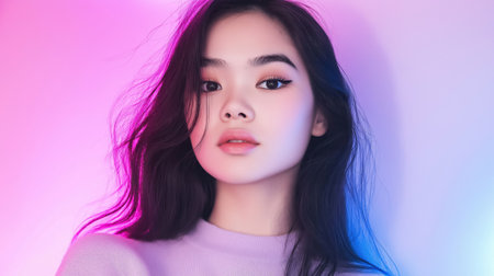 Youthful Elegance Vibrant Portrait with Neon Lighting.の素材