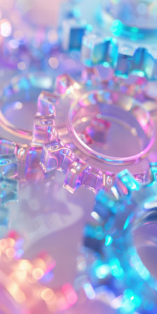 Colorful transparent gears interlocked against soft pastel background.の素材