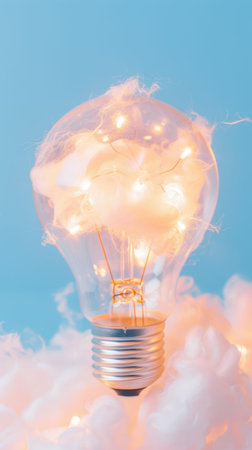 Illuminated light bulb with cotton clouds against a soft blue background.の素材