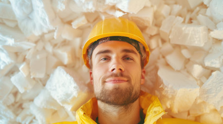 Young caucasian man lying in construction debris, wearing a yellow hard hat and jacket, smiling confidently.の素材