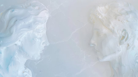 Marble sculpted faces two classical figures gaze at each other in subdued light and soft textures.の素材