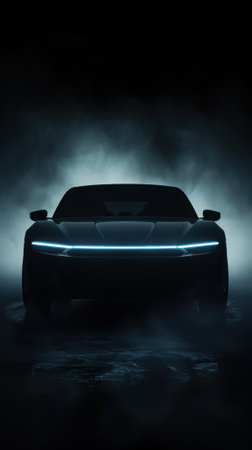 Sleek electric car illuminated by headlights in mysterious dark fog.の素材