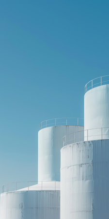 White industrial silos against clear blue sky on a sunny day.の素材