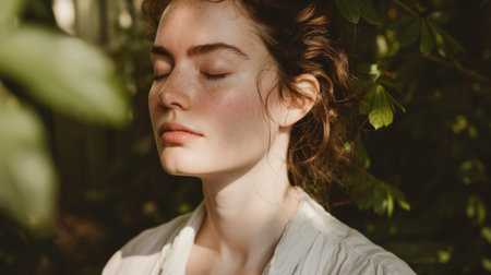 Young caucasian woman relaxing in sunlit garden with closed eyes, embracing nature's calm.の素材
