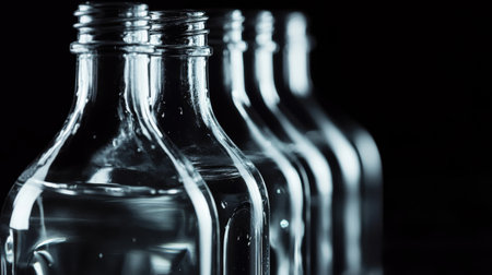 Row of Transparent Glass Bottles with Reflections Against a Dark Background.の素材