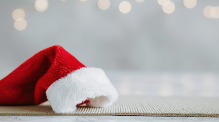 festive red santa hat on burlap surface with soft focus holiday lights in background.の素材