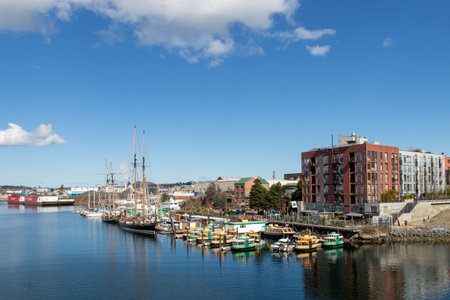 Victoria, British Columbia/Canada - March 13, 2021: Water taxis sit empty in the harbour