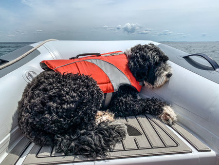 Portuguese Water dog wearing an orange life vest in a boatの写真素材