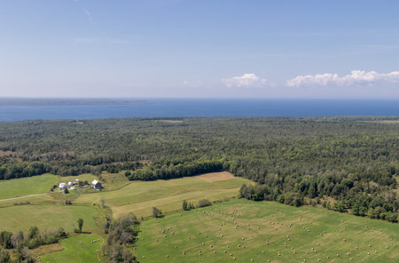 Manitoulin Island, Ontario, Canada - August 2, 2021: Aerial view of farmland on Manitoulin Island.のeditorial素材