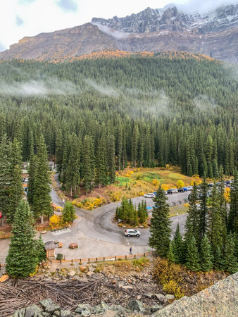 Moraine Lake, Alberta, Canada - September 27, 2021: Limited parking in the lot at Moraine Lake during the busy tourist season.のeditorial素材