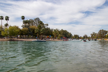 Boaters having fun on a river in Lake Havasu, Arizonaの写真素材
