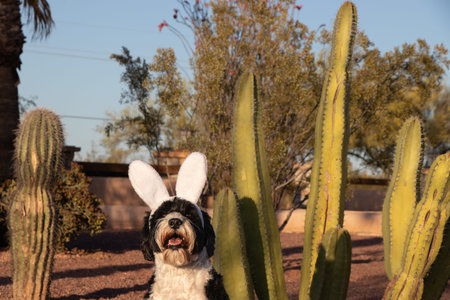 Portuguese Water Dog wearing bunny ears for Easter in the desert in Arizona