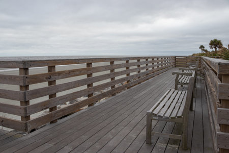 Wooden deck on the beach in at Jekyll Island, Georgiaの写真素材