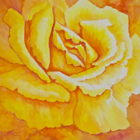 Tinged with shades of orange, a yellow rose opens to the light in a watercolor painting の写真素材