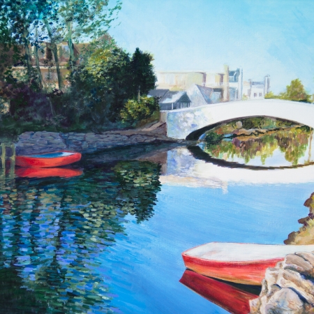 Two row boats are tied up at the sides of a canal in Venice, CA, in an acrylic painting の写真素材