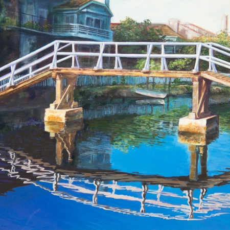 A white wooden bridge is reflected in a canal in Venice, CA, in an acrylic painting の写真素材