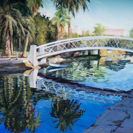 A white trestle bridge spans a canal in Venice, CA, in an acrylic painting の写真素材