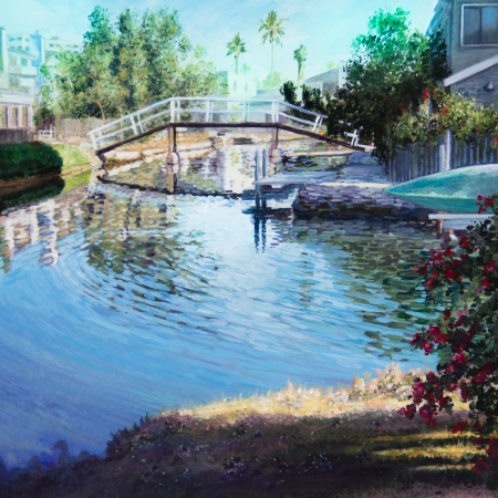 Long afternoon shadows hide ducks scuttling off the bank into a canal in Venice, CA, in an acrylic painting の写真素材