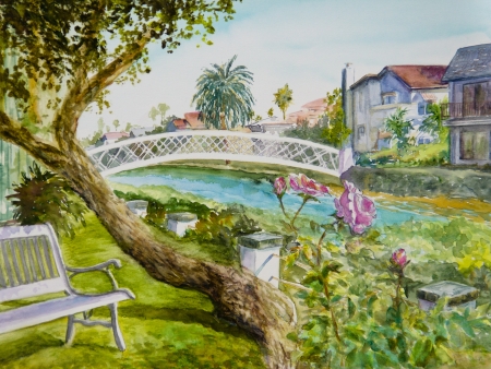 Pink roses bloom alongside a bench by a canal in Venice, CA, in a watercolor painting の写真素材