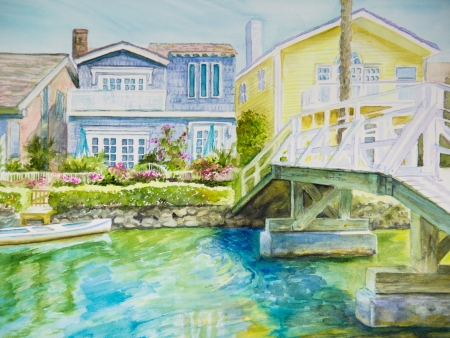A white wooden bridge leads to pretty houses on a canal in Venice, CA, in a watercolor painting の写真素材