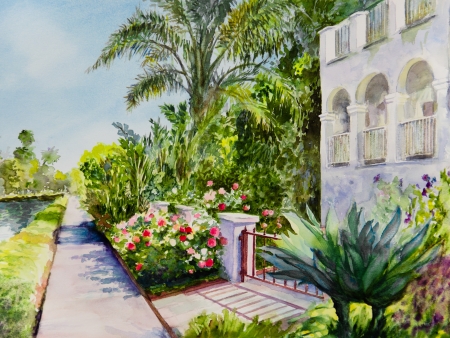 Roses bloom by a sidewalk along a canal in Venice, CA, in a watercolor painting の写真素材