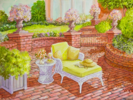 A white wicker lounge chair, holding a straw hat and a book, is on a brick patio in an acrylic painting の写真素材