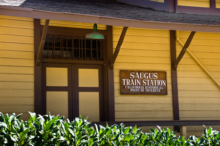 The Saugus train station sign denotes it is a California historical point of interest.の写真素材