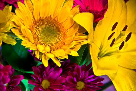 A sunflower is the focal point of a mixed bouquet of Spring flowers.の写真素材