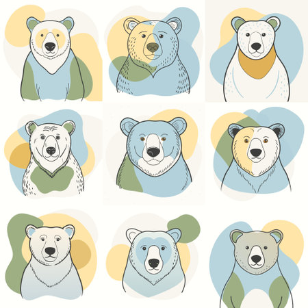 Cartoon vector set of brown grizzly bear, isolated on background. Flat design collectionのイラスト素材